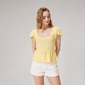 Women's Cap Sleeve Pointelle Square Neck Babydoll Sweater - Light Yellow XXL